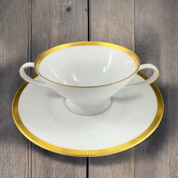Rosenthal Germany White Gold Band Black Lines Double Handle Cup Saucer Set - Picture 4 of 16